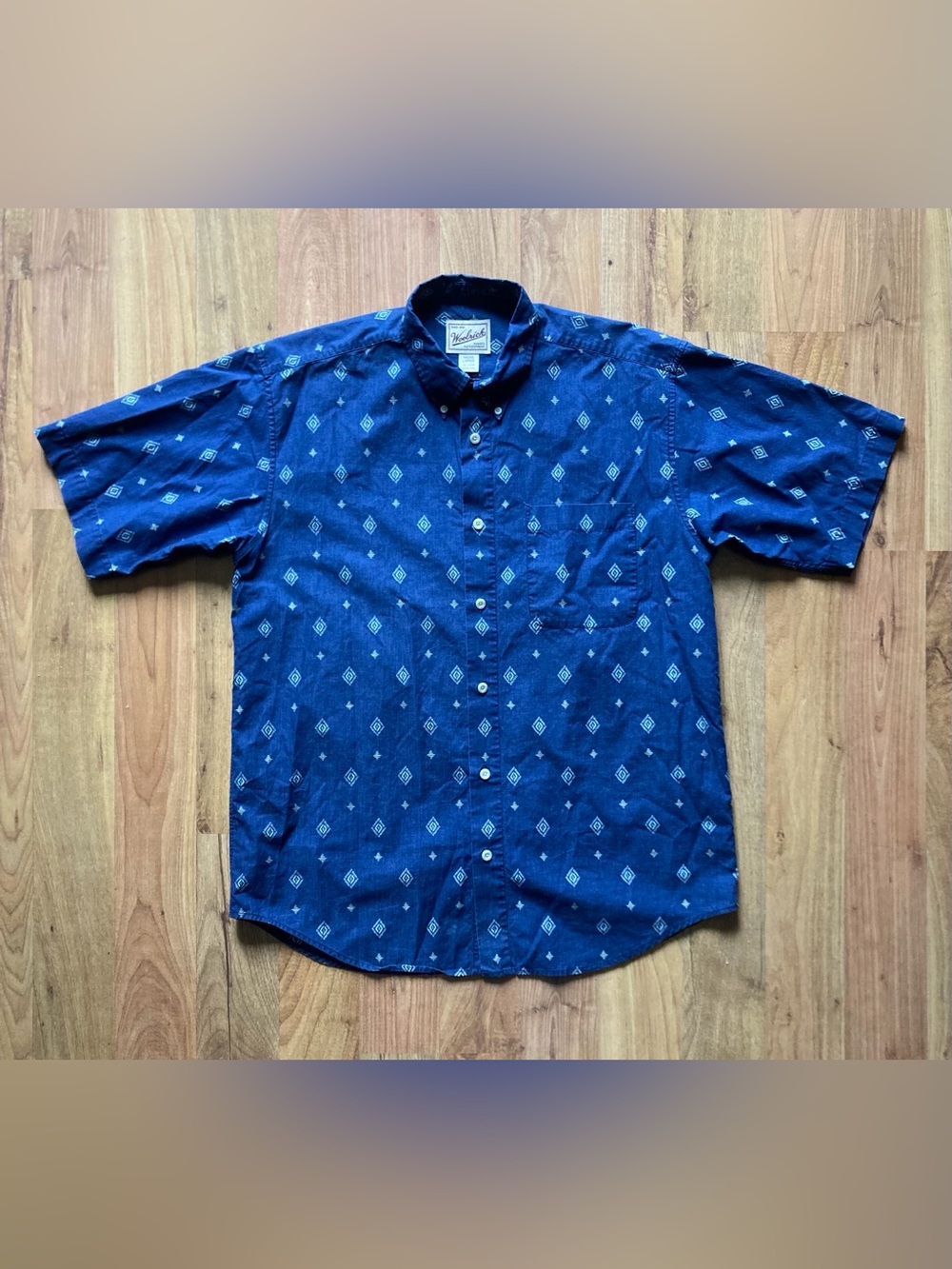 Woolrich VTG Y2K Aztec Western Blue Cotton Short Sleeve Button Mens Large Shirt